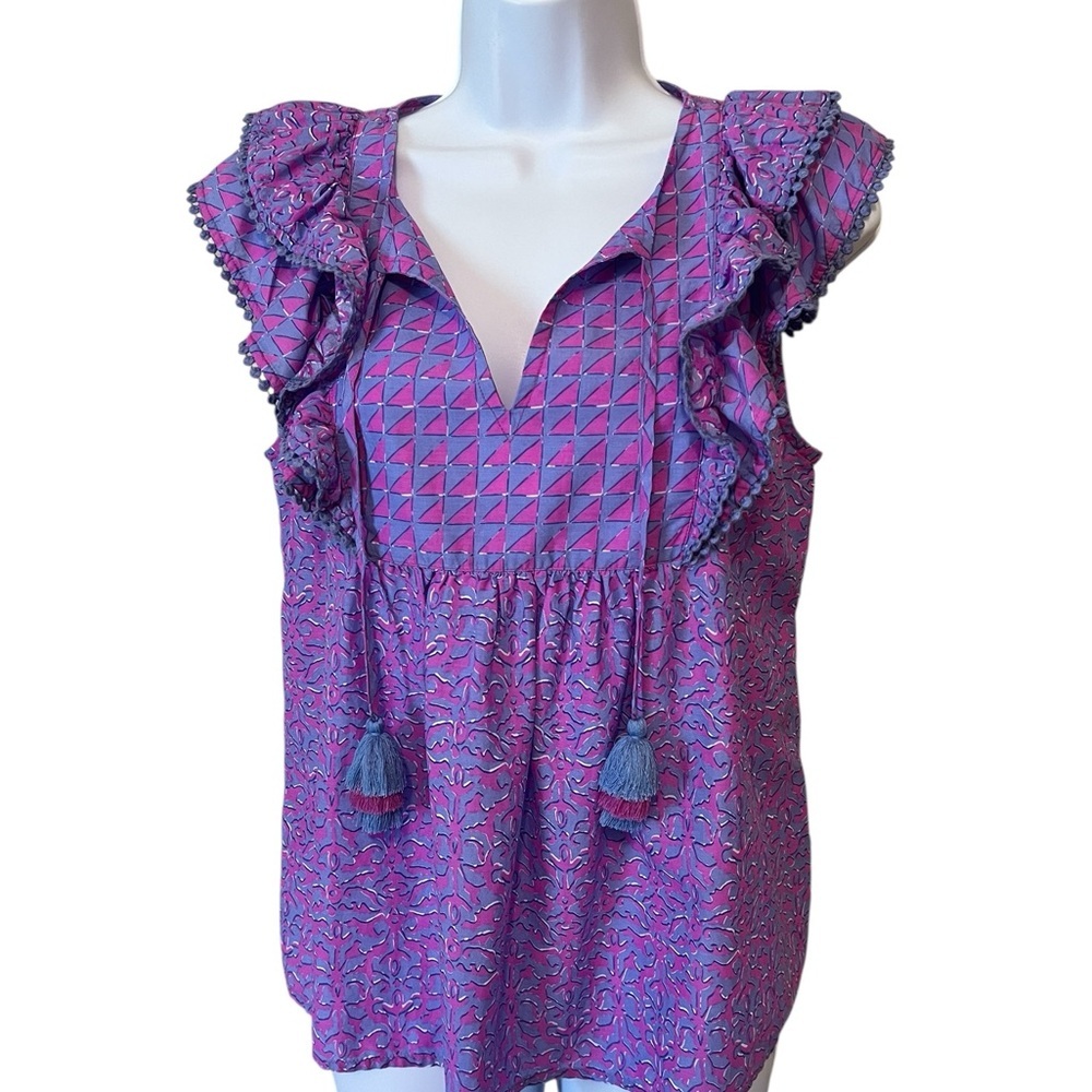 Vineyard Vine Anegada Block Print Ruffled Top, Notched Neck XS in Blue/pink - Picture 3 of 9